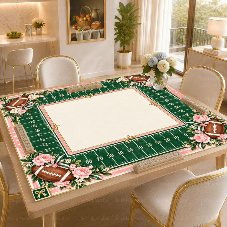 Preppy Football Mahjong Mat, Pink Floral Gridiron Game Mat, Football Lover Gift, Non-slip Table Cover