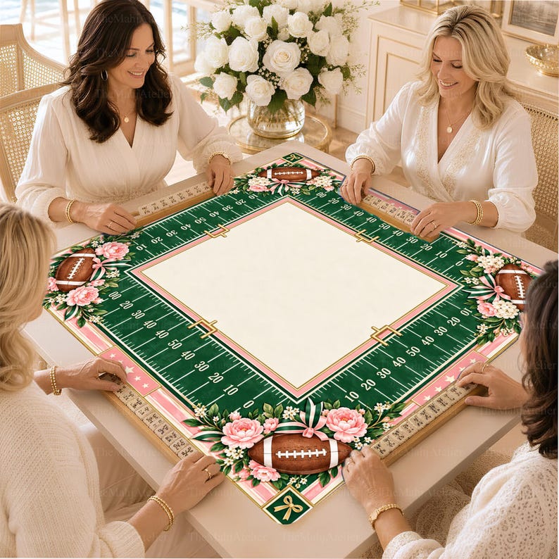 Preppy Football Mahjong Mat, Pink Floral Gridiron Game Mat, Football Lover Gift, Non-slip Table Cover