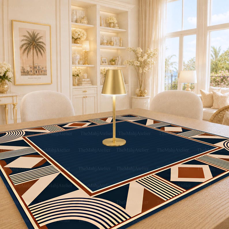 Art Deco Navy Mahjong Mat,  Brown Cream Geometric Game Mat, Retro Glam Game Night