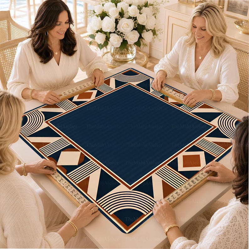 Art Deco Navy Mahjong Mat,  Brown Cream Geometric Game Mat, Retro Glam Game Night