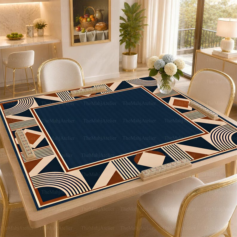 Art Deco Navy Mahjong Mat,  Brown Cream Geometric Game Mat, Retro Glam Game Night