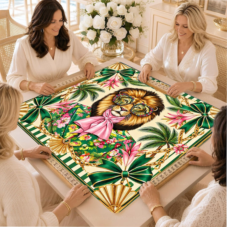 Tropical Lion Mahjong Mat, Green Floral Safari Game Mat, Bold Preppy Game Night