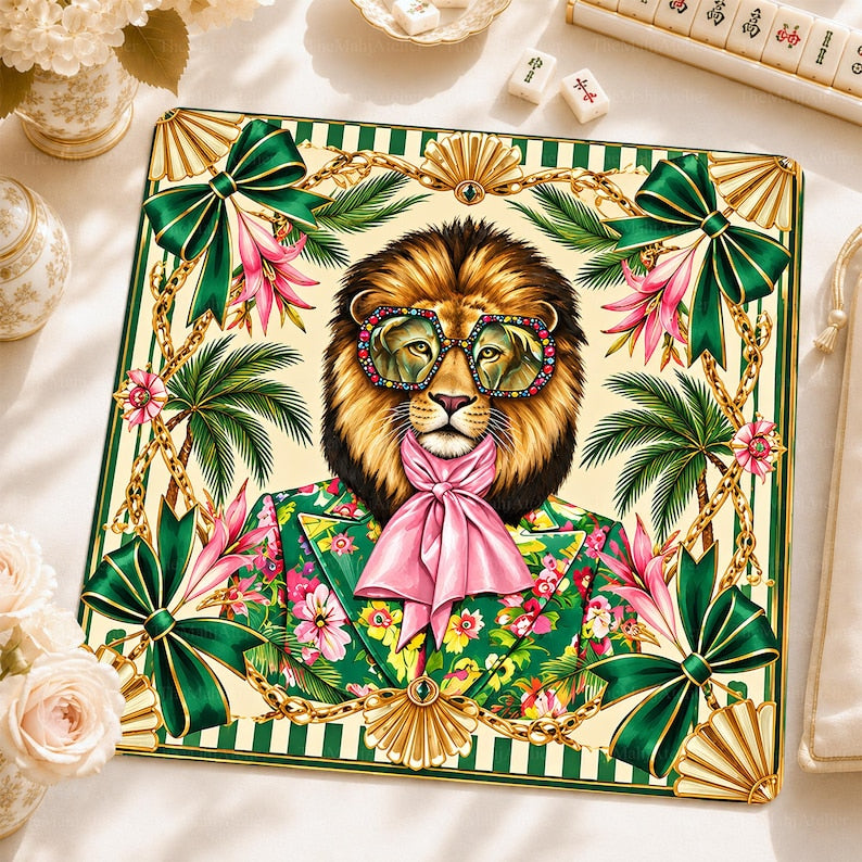 Tropical Lion Mahjong Mat, Green Floral Safari Game Mat, Bold Preppy Game Night