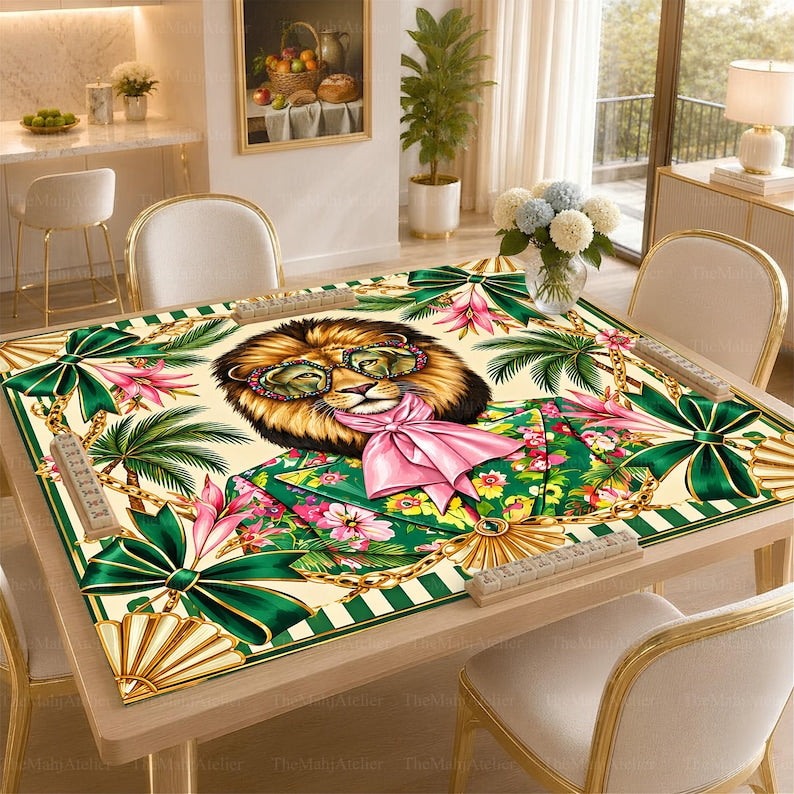 Tropical Lion Mahjong Mat, Green Floral Safari Game Mat, Bold Preppy Game Night