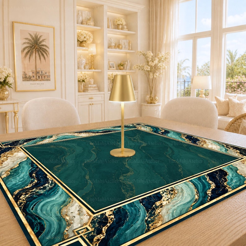 Emerald Marble Mahjong Mat, Green Gold Luxury Game Mat, Elegant Modern Game Night