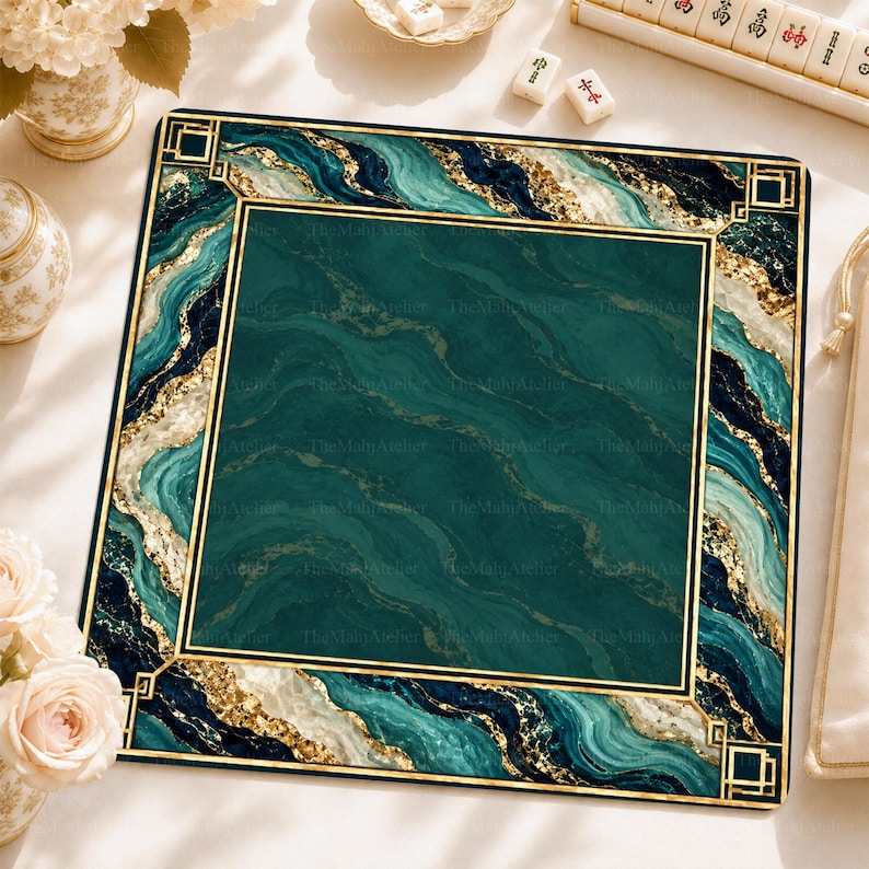 Emerald Marble Mahjong Mat, Green Gold Luxury Game Mat, Elegant Modern Game Night