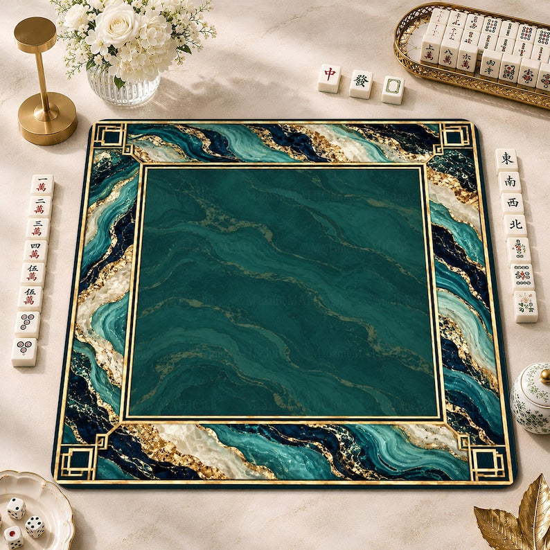 Emerald Marble Mahjong Mat, Green Gold Luxury Game Mat, Elegant Modern Game Night
