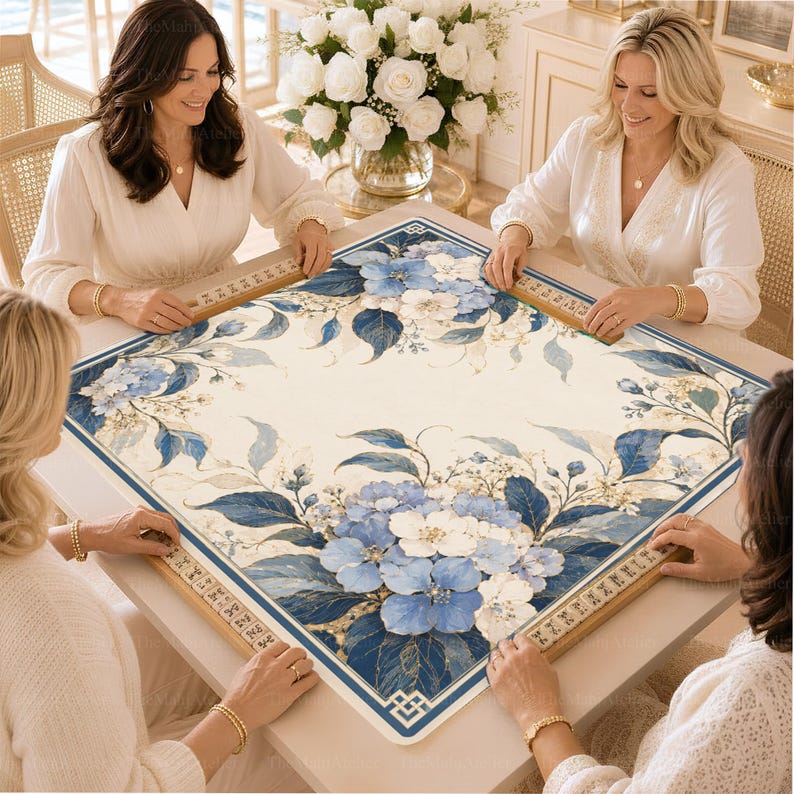 Blue Hydrangea Mahjong Mat, Floral Game Mat, Ivory Botanical Game Night, Non-slip Table Cover