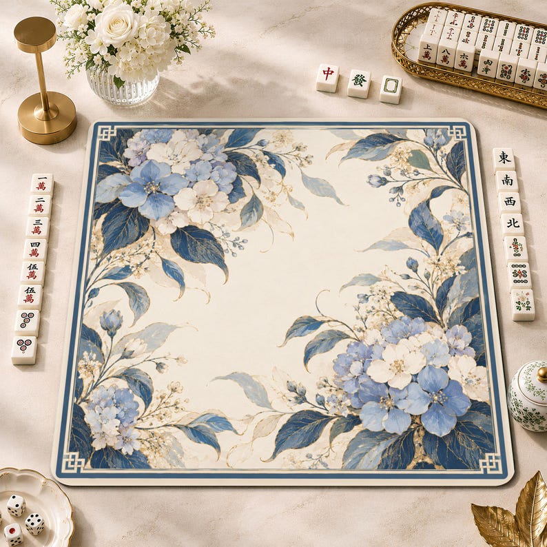 Blue Hydrangea Mahjong Mat, Floral Game Mat, Ivory Botanical Game Night, Non-slip Table Cover