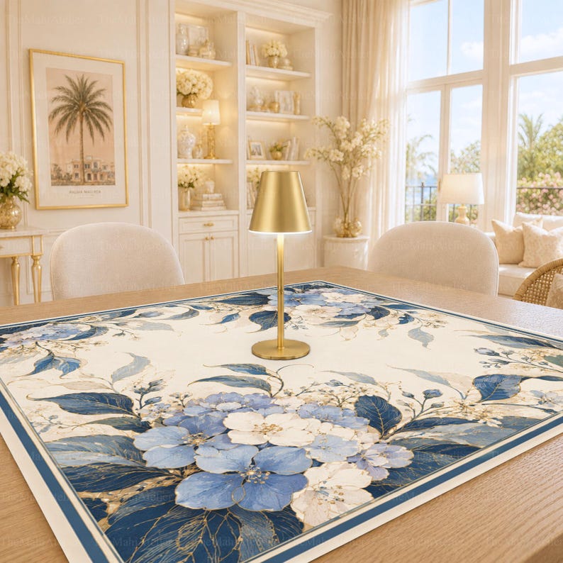 Blue Hydrangea Mahjong Mat, Floral Game Mat, Ivory Botanical Game Night, Non-slip Table Cover