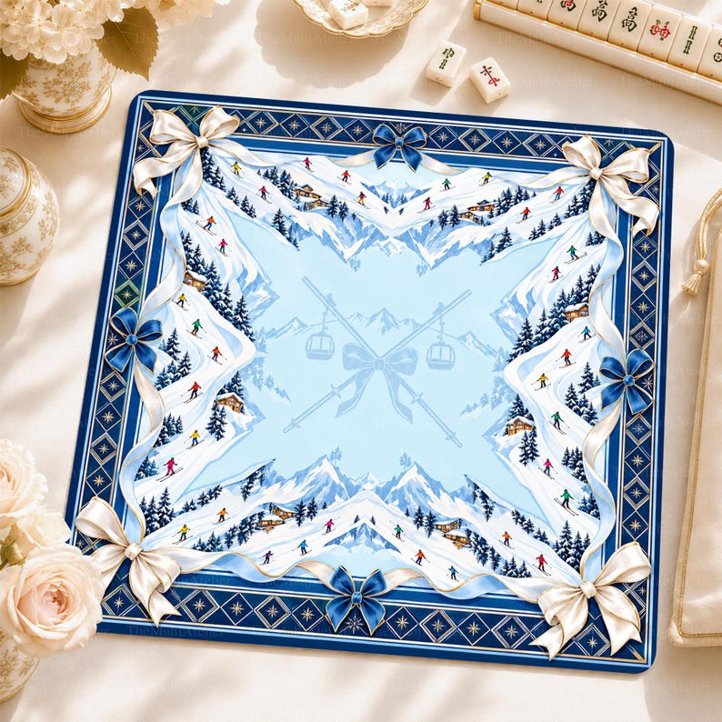 Après Ski Mahjong Mat, Blue White Alpine Game Mat, Mountain Winter Game Night