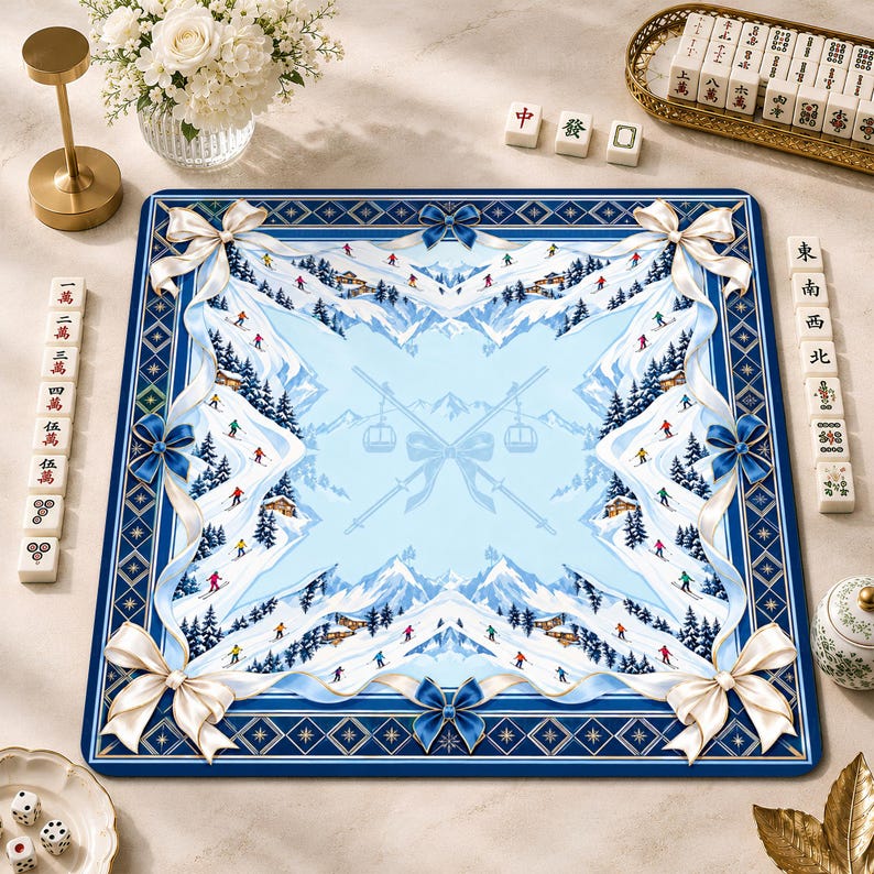 Après Ski Mahjong Mat, Blue White Alpine Game Mat, Mountain Winter Game Night