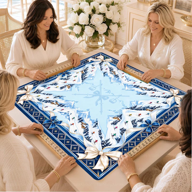 Après Ski Mahjong Mat, Blue White Alpine Game Mat, Mountain Winter Game Night