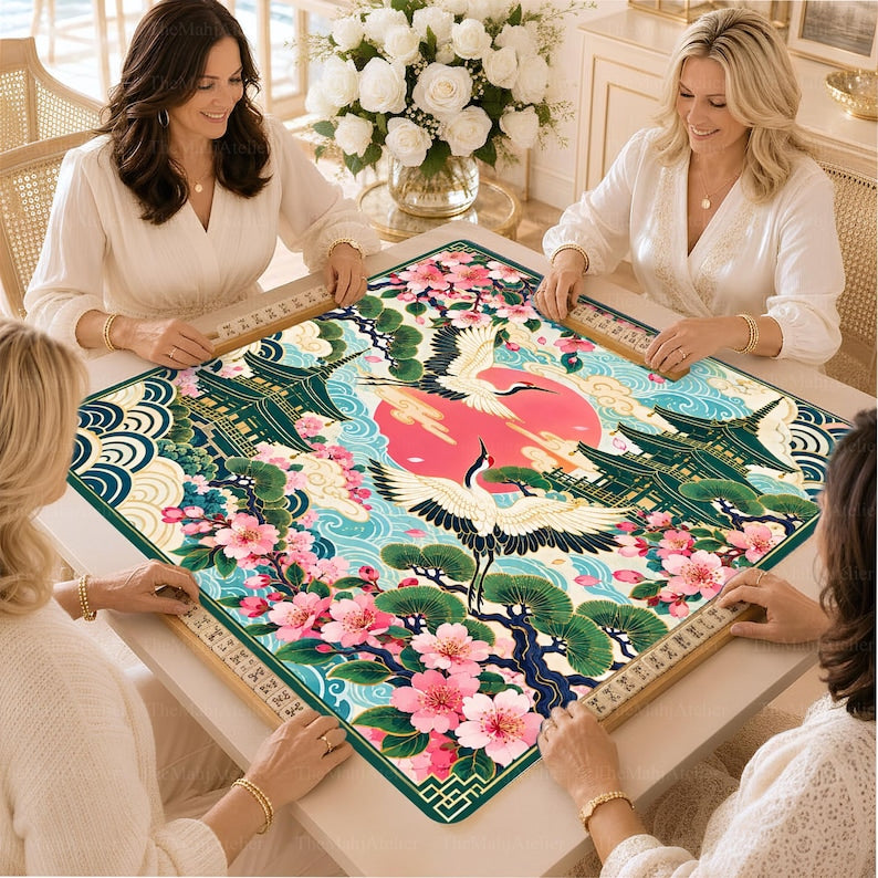 Japanese Crane Mahjong Mat, Cherry Blossom Pagoda Game Mat, Asian Garden Game Night