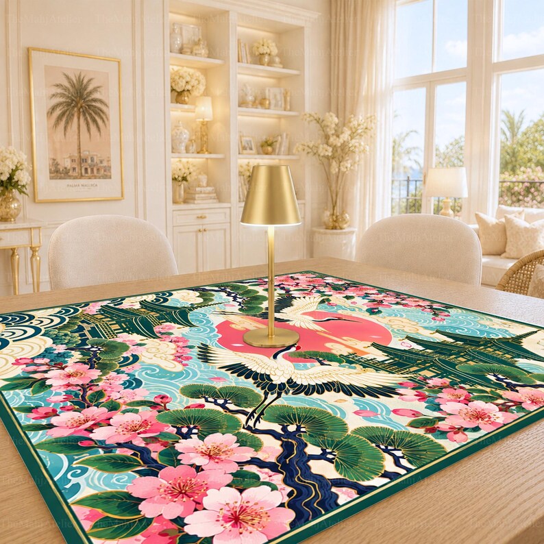 Japanese Crane Mahjong Mat, Cherry Blossom Pagoda Game Mat, Asian Garden Game Night