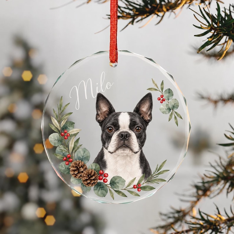 Custom Pet Portrait Glass Ornament, Personalized Dog or Cat Christmas Keepsake, Botanical Design