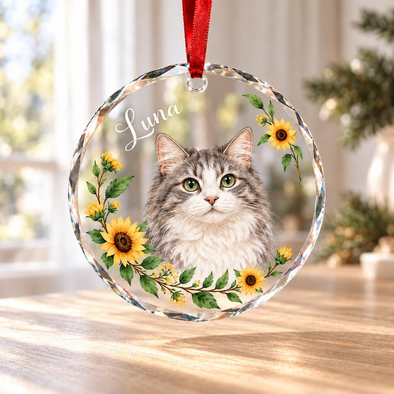 Custom Pet Portrait Glass Ornament, Personalized Dog or Cat Christmas Keepsake, Botanical Design