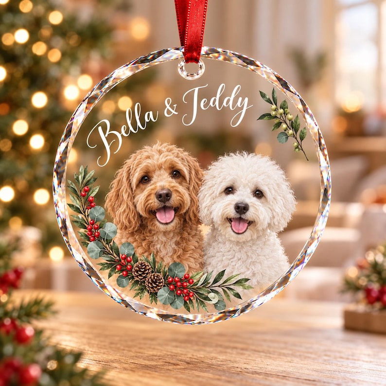 Custom Pet Portrait Glass Ornament, Personalized Dog or Cat Christmas Keepsake, Botanical Design
