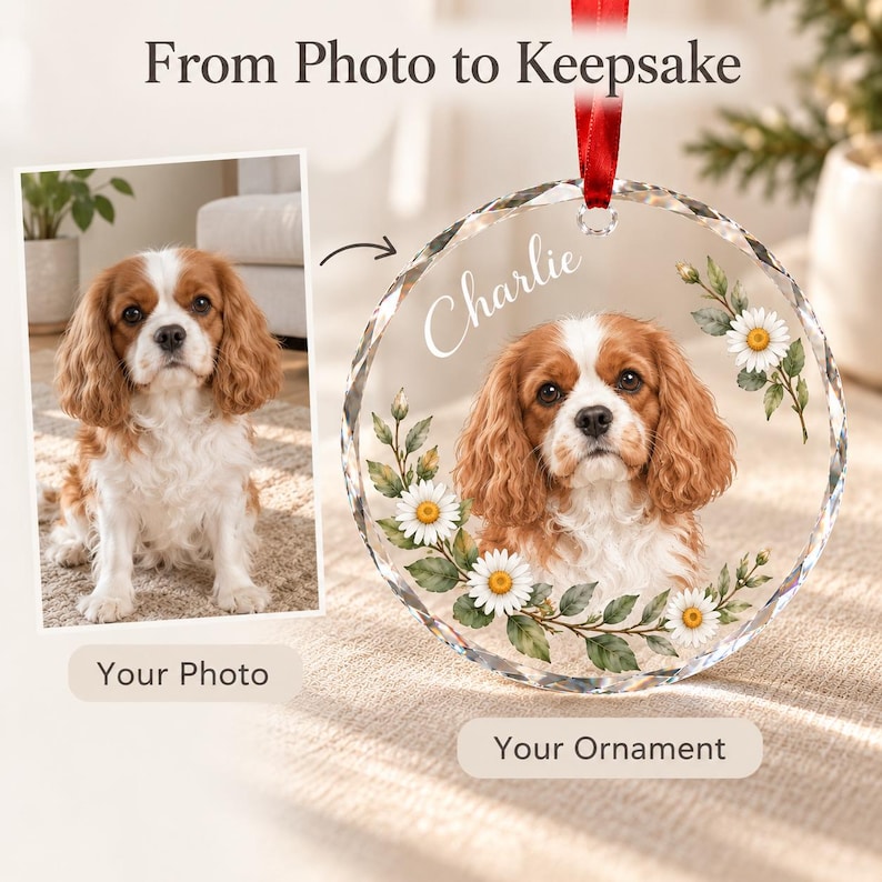 Custom Pet Portrait Glass Ornament, Personalized Dog or Cat Christmas Keepsake, Botanical Design