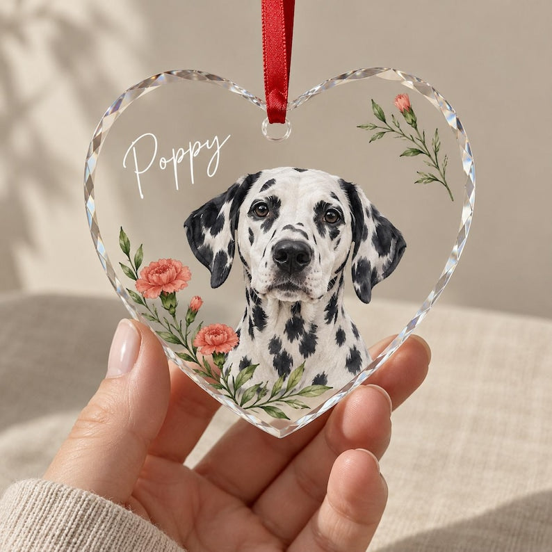 Custom Pet Portrait Glass Ornament, Personalized Dog or Cat Christmas Keepsake, Botanical Design
