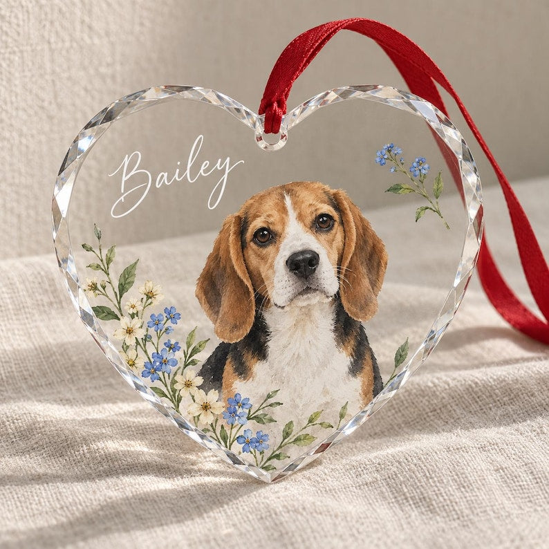 Custom Pet Portrait Glass Ornament, Personalized Dog or Cat Christmas Keepsake, Botanical Design