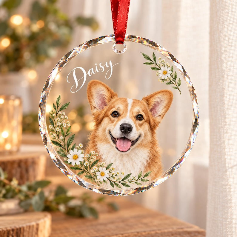 Custom Pet Portrait Glass Ornament, Personalized Dog or Cat Christmas Keepsake, Botanical Design
