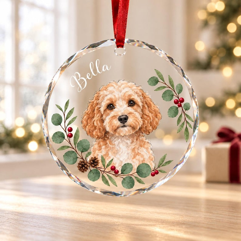 Custom Pet Portrait Glass Ornament, Personalized Dog or Cat Christmas Keepsake, Botanical Design