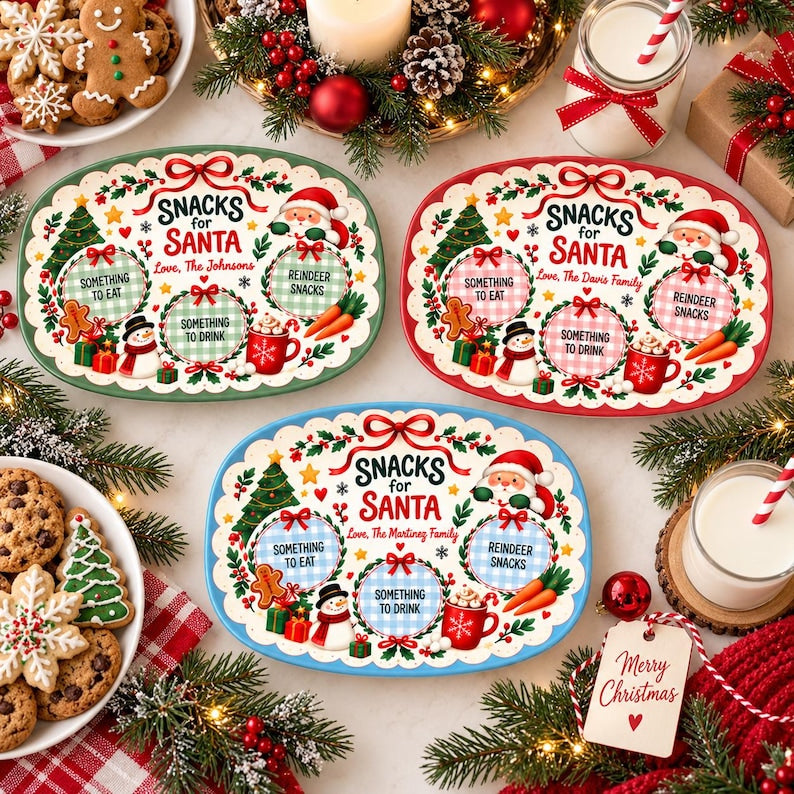 Personalized Snacks for Santa Plate, Custom Family Name Christmas Eve Platter, Gingerbread Cookie Tray, Christmas Gift Decor