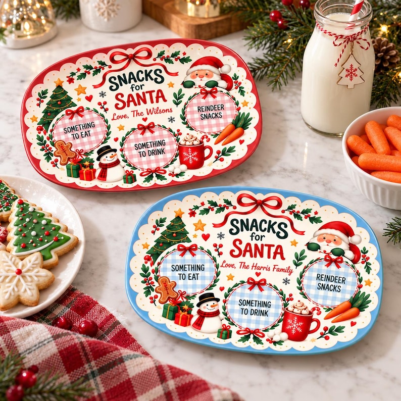 Personalized Snacks for Santa Plate, Custom Family Name Christmas Eve Platter, Gingerbread Cookie Tray, Christmas Gift Decor