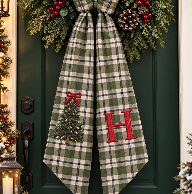Embroidered Red White Striped Christmas Tree Wreath Sash, Personalized Monogram Wreath Sash