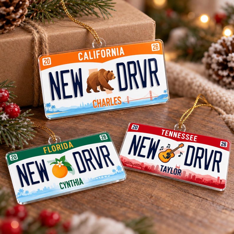 Custom State License Plate Ornament, New Driver Gift, New Car License Ornament, Personalized Christmas Gift for Teen Driver