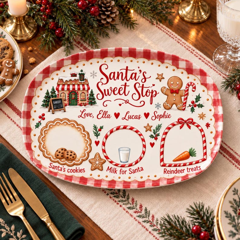 Custom Name Santa Cookie Plate, Cookies for Santa Platter, Personalized Holiday Christmas Plate for Family