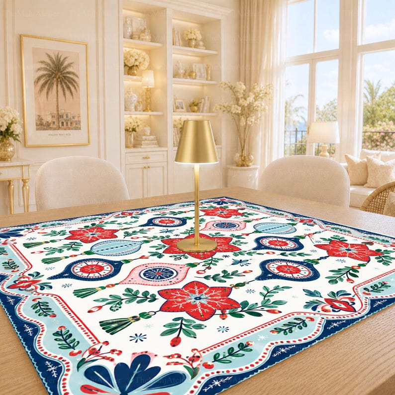 Nordic Folk Art Baubles & Poinsettias Mahjong Mat, Festive Christmas Game Mat