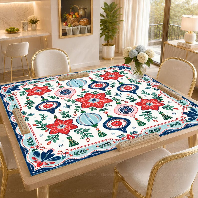 Nordic Folk Art Baubles & Poinsettias Mahjong Mat, Festive Christmas Game Mat