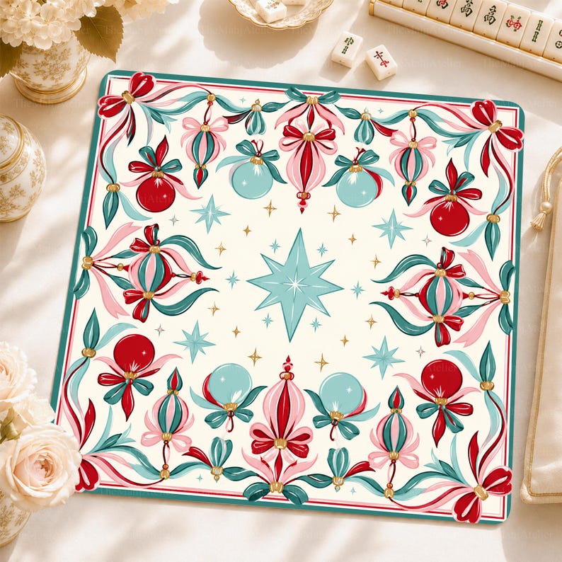 Coquette Ribbon & Glass Baubles Mahjong Mat, Vintage Pastel Christmas Bow Game Mat
