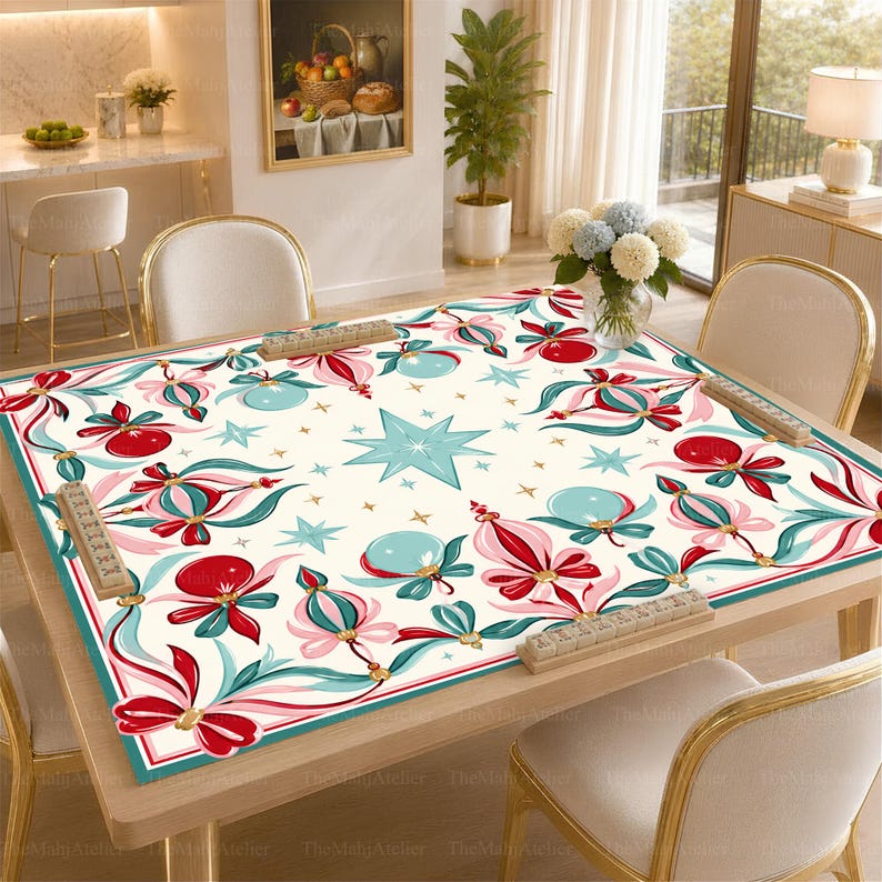 Coquette Ribbon & Glass Baubles Mahjong Mat, Vintage Pastel Christmas Bow Game Mat