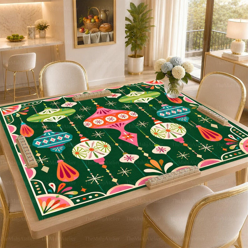 Retro Atomic Christmas Ornaments Mahjong Mat, Mid-Century Modern Bauble Game Mat