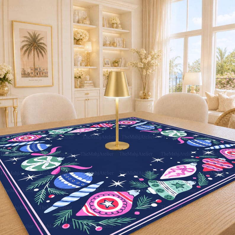 Midnight Navy Vintage Bauble Border Mahjong Mat, Pink Ribbon Christmas Game Mat