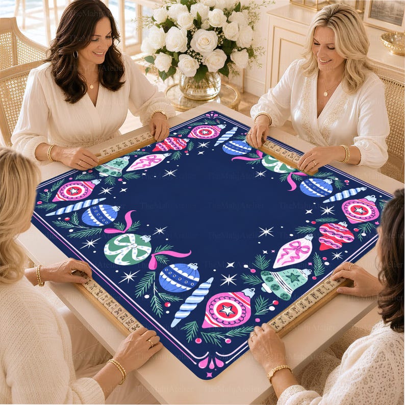 Midnight Navy Vintage Bauble Border Mahjong Mat, Pink Ribbon Christmas Game Mat
