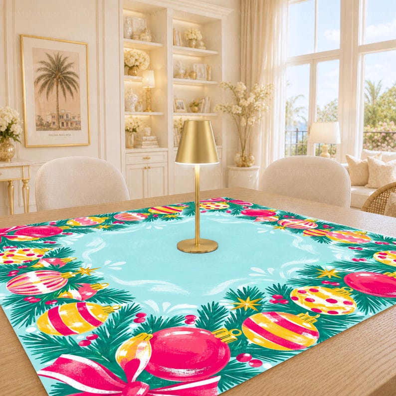 Watercolor Candy-Color Baubles Mahjong Mat, Aqua Pine Garland Christmas Game Mat
