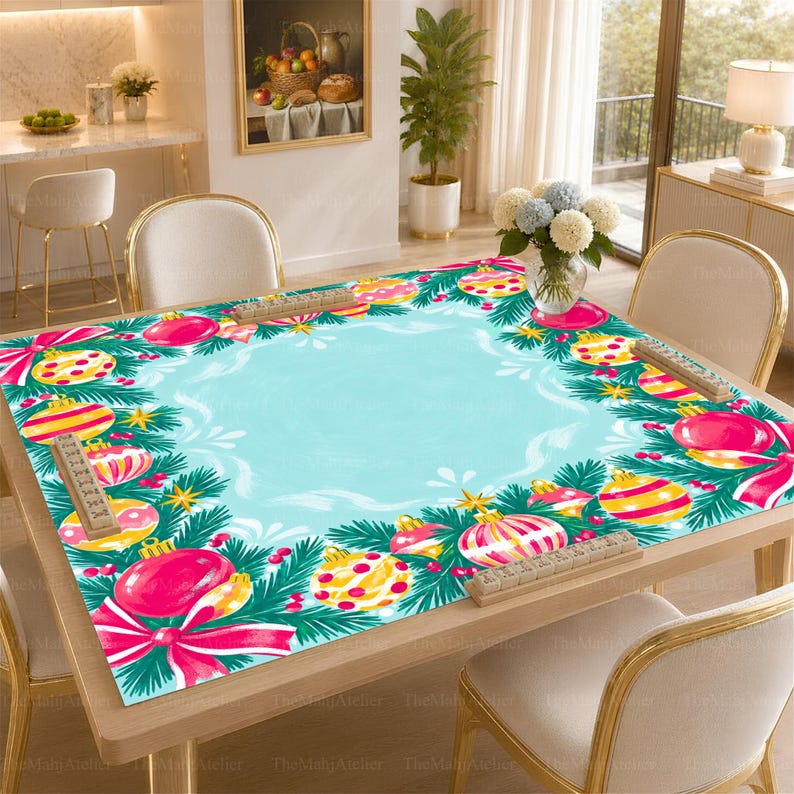 Watercolor Candy-Color Baubles Mahjong Mat, Aqua Pine Garland Christmas Game Mat