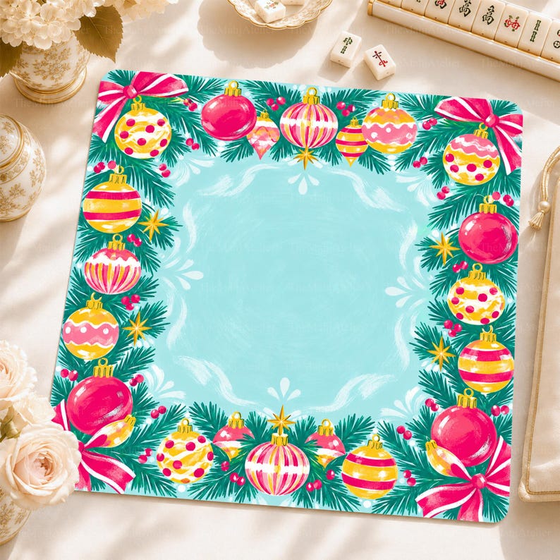 Watercolor Candy-Color Baubles Mahjong Mat, Aqua Pine Garland Christmas Game Mat