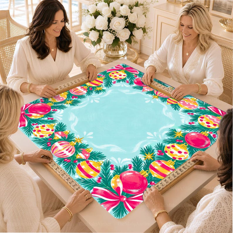 Watercolor Candy-Color Baubles Mahjong Mat, Aqua Pine Garland Christmas Game Mat