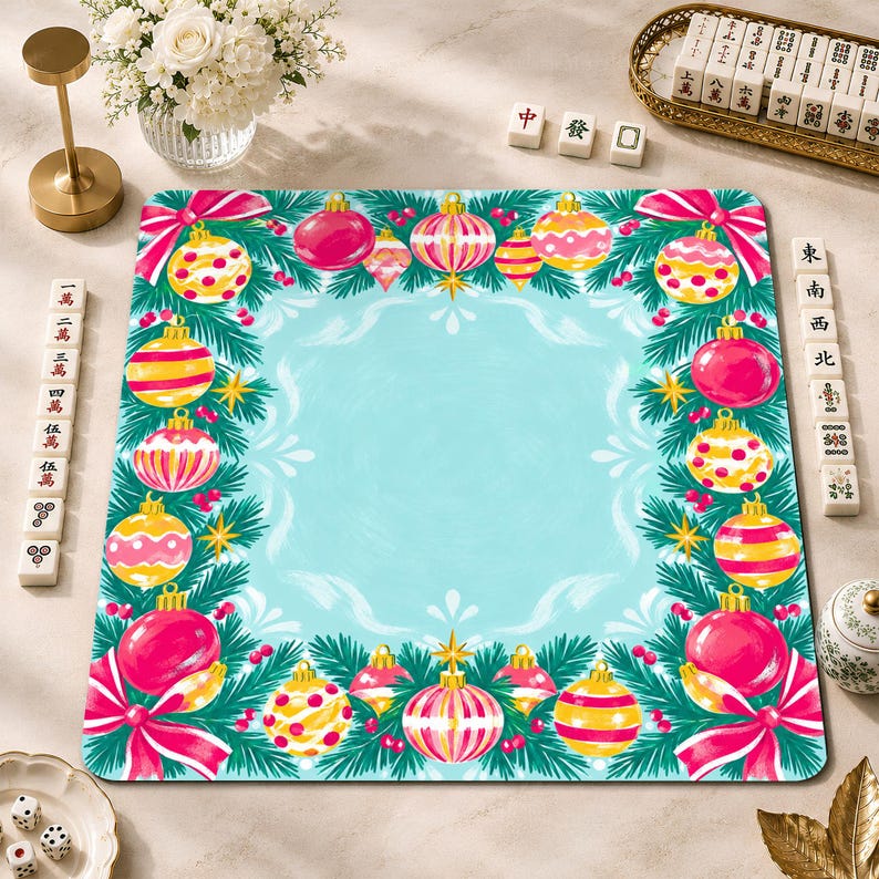 Watercolor Candy-Color Baubles Mahjong Mat, Aqua Pine Garland Christmas Game Mat