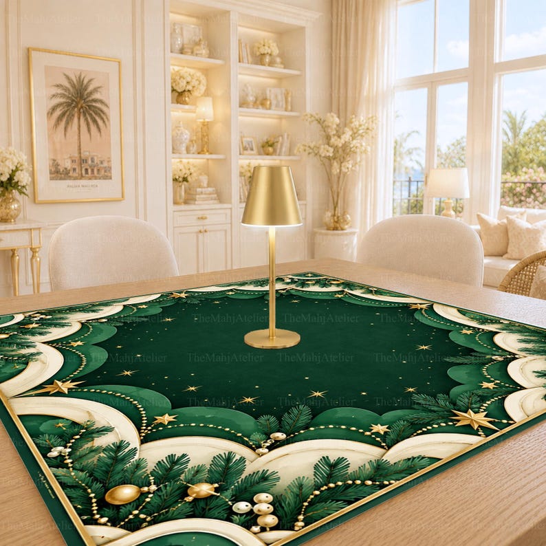 Emerald Art Deco Golden Stars Mahjong Mat, Layered Pine Christmas Garland Game Mat, Non-slip Table Cover