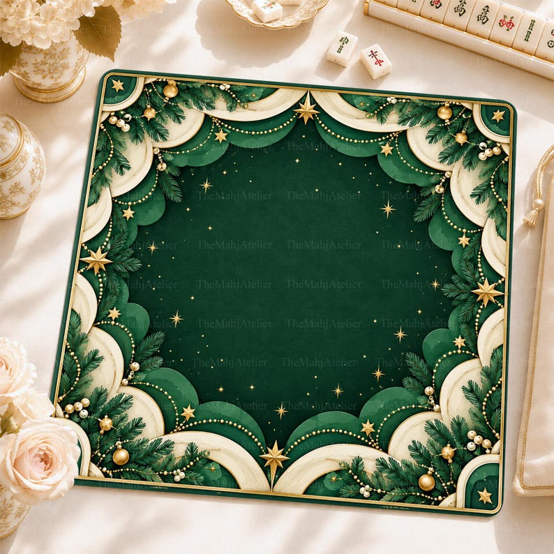 Emerald Art Deco Golden Stars Mahjong Mat, Layered Pine Christmas Garland Game Mat, Non-slip Table Cover