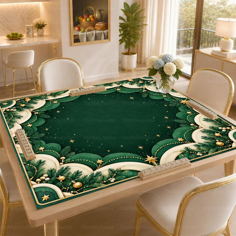 Emerald Art Deco Golden Stars Mahjong Mat, Layered Pine Christmas Garland Game Mat, Non-slip Table Cover