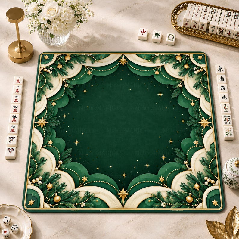 Emerald Art Deco Golden Stars Mahjong Mat, Layered Pine Christmas Garland Game Mat, Non-slip Table Cover