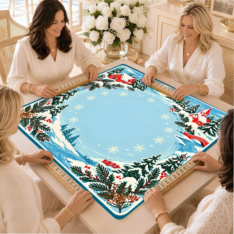 Storybook Snowy Village & Red Chapel Mahjong Mat, Icy Blue Winter Landscape Game Mat