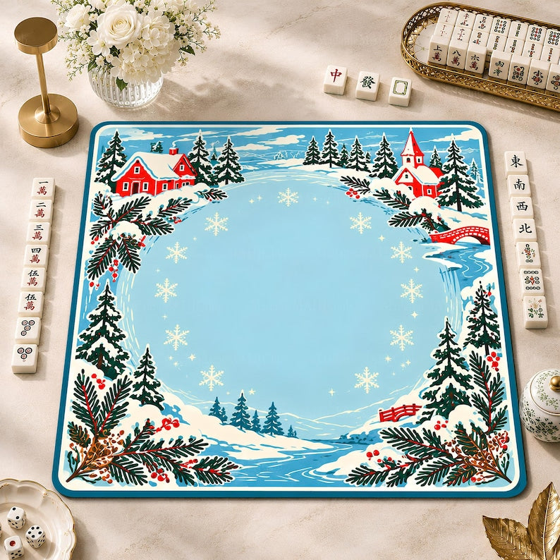 Storybook Snowy Village & Red Chapel Mahjong Mat, Icy Blue Winter Landscape Game Mat